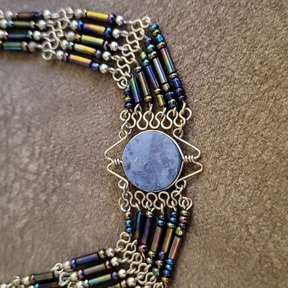 HANDMADE Sodalite Holographic Glass Beaded Esclavage Peruvian Necklace - Picture 2 of 7